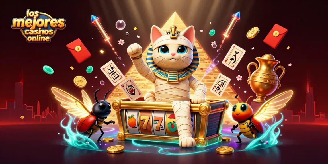 Juega en los mejores casinos online con la emocionante ilustración de un gato momia y elementos de slot.