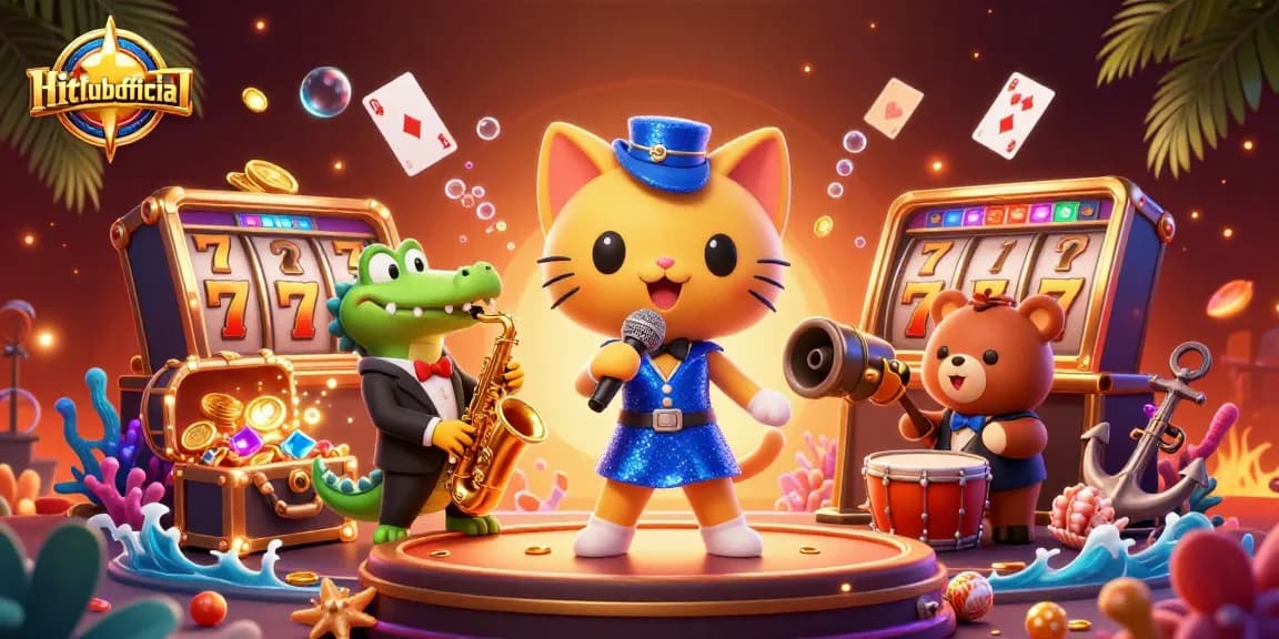 Hitclubofficial brings excitement as a jazz-singer cat performs on stage amidst thrilling slot reels and gold treasures.