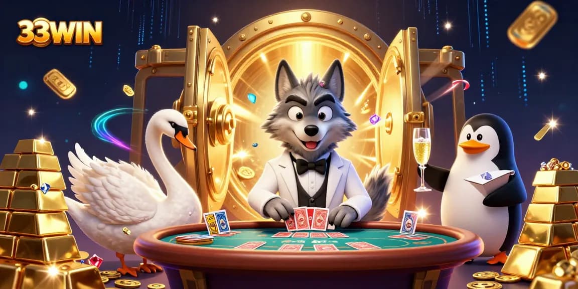 Experience the excitement of 33WIN with elegant characters and treasure galore in this vibrant casino scene.