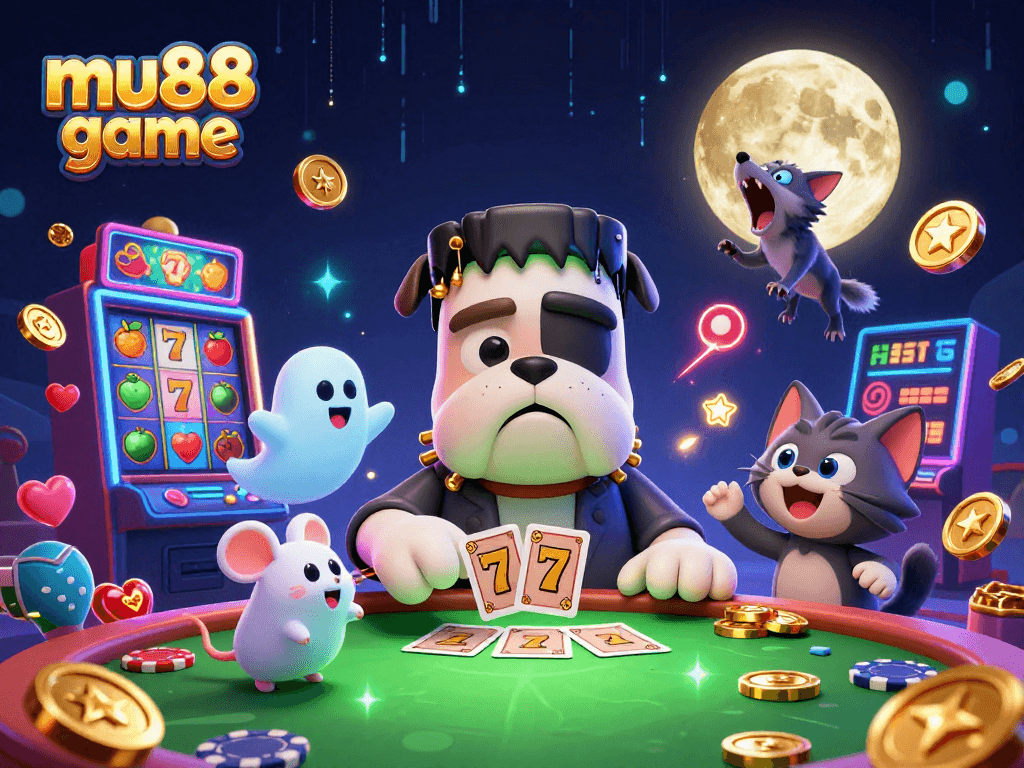 Experience thrilling gameplay with mu88 game as Frankenstein bulldog deals cards at a casino table.