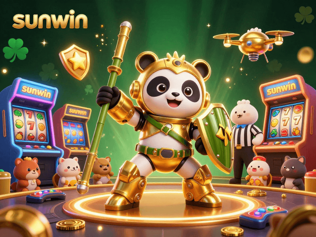 Engage with sunwin as the golden panda battles in a vibrant casino arena filled with arcade and slot games.
