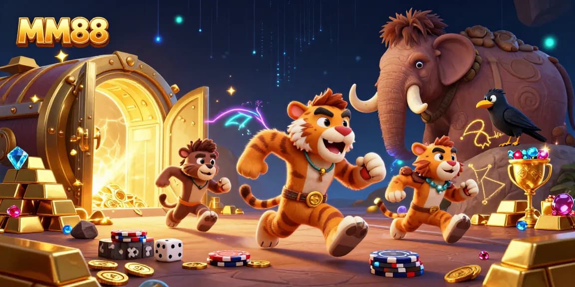 Create your winning strategies at MM88 with a vibrant casino scene featuring engaging characters and dynamic elements.