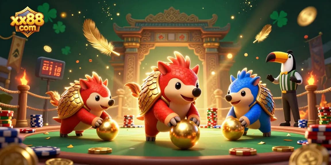 Experience the thrilling gameplay of xx88 com with vibrant pangolins in action surrounded by golden casino elements.