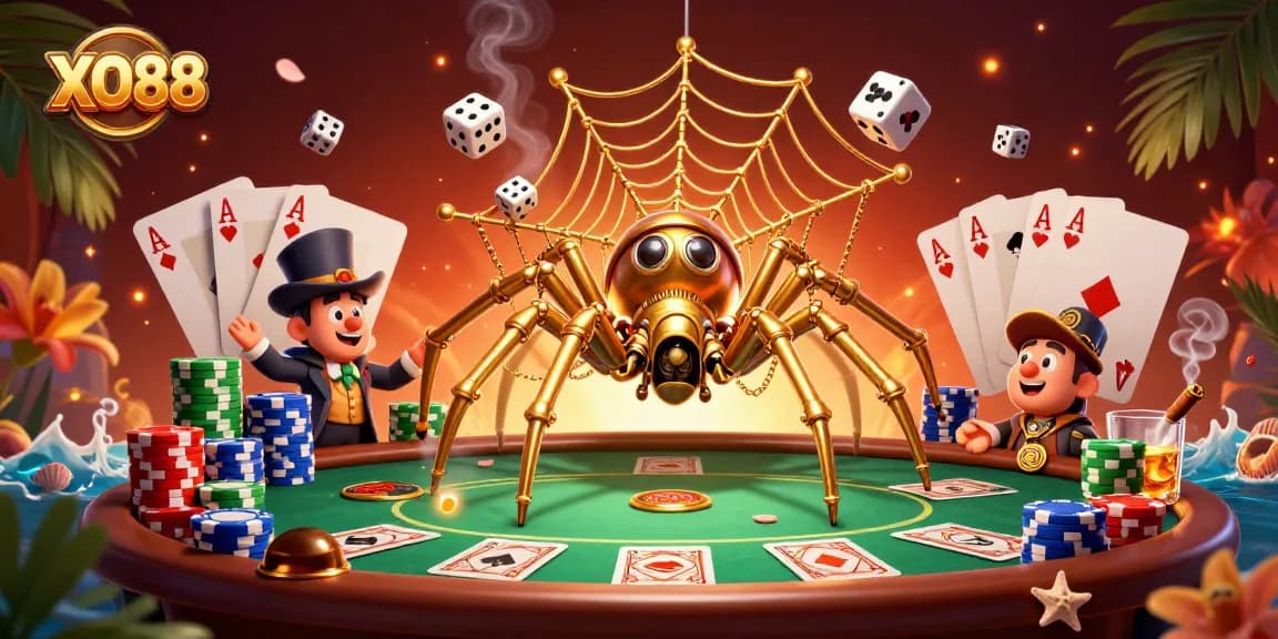 Experience thrilling gaming action at XO88 with a lively steampunk scene showcasing poker and dice.