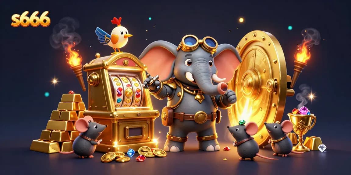 Spin the s666 slot machine in a vibrant casino decorated with gold treasures and dynamic characters.