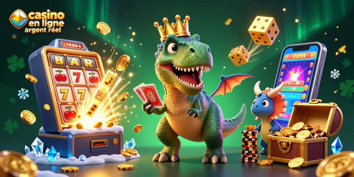 Jouer sur un casino en ligne argent réel avec un T-Rex, un pterodactyle et un triceratops, entouré de machines à sous.