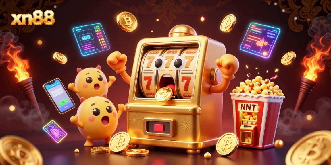 Spin to win with xn88's golden slot machine as it hits a jackpot, capturing the excitement of gaming.