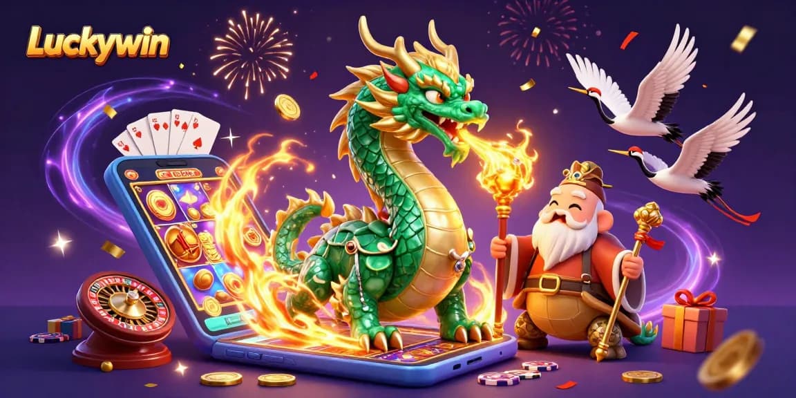 Experience Luckywin's excitement with a vibrant casino scene featuring dynamic characters and classic game elements.