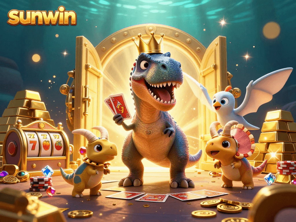 Engage with enchanting sunwin casino adventures through this vibrant scene of T-Rexes and gold!