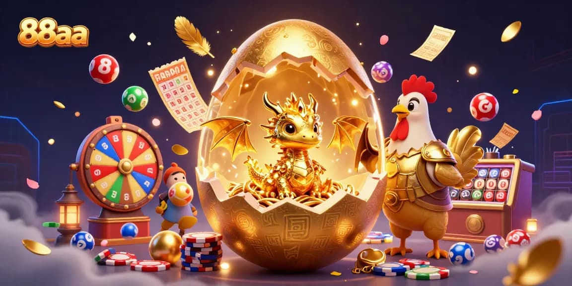 Play engaging games with 88aa in a vibrant 3D scene of a golden dragon and poker chips.