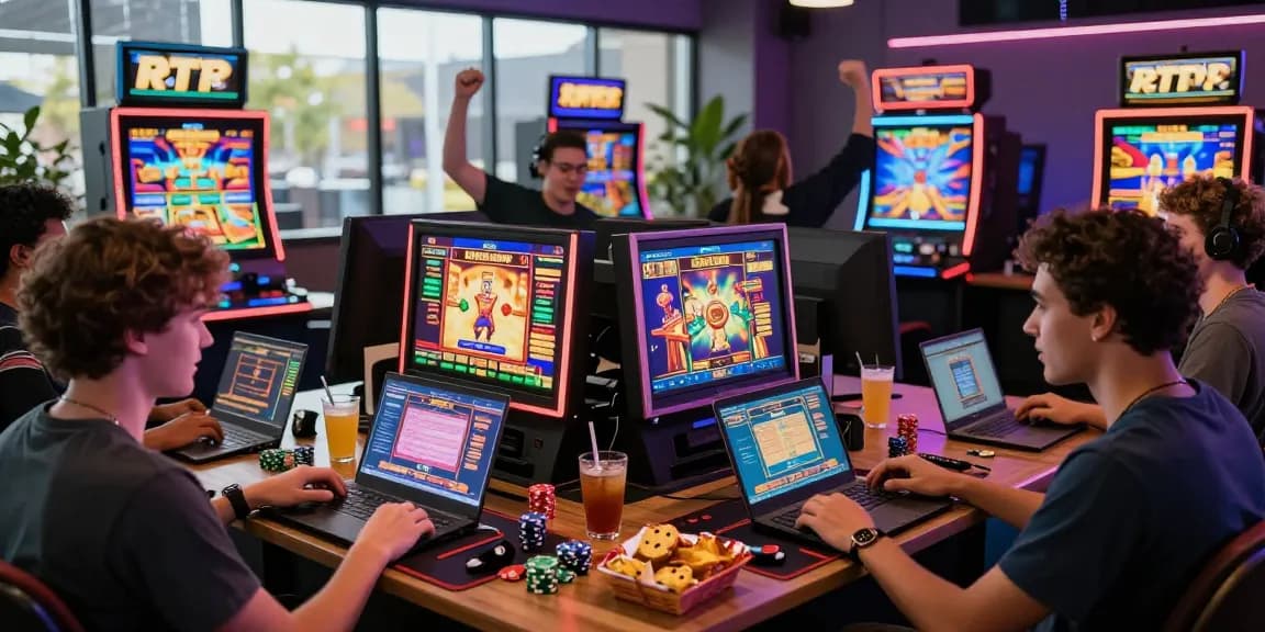 Players enjoying situs judi slot online with vibrant machines and high RTP stats.
