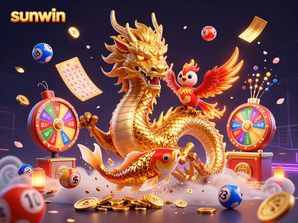 Engage in thrilling games with sunwin, as vibrant lottery balls and a golden dragon dominate the scene.