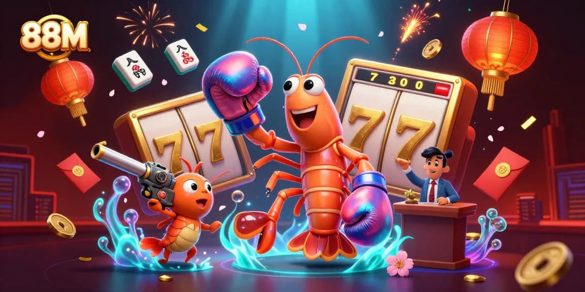 Engage with 88M's exciting gaming adventure featuring vibrant cartoon characters and casino elements