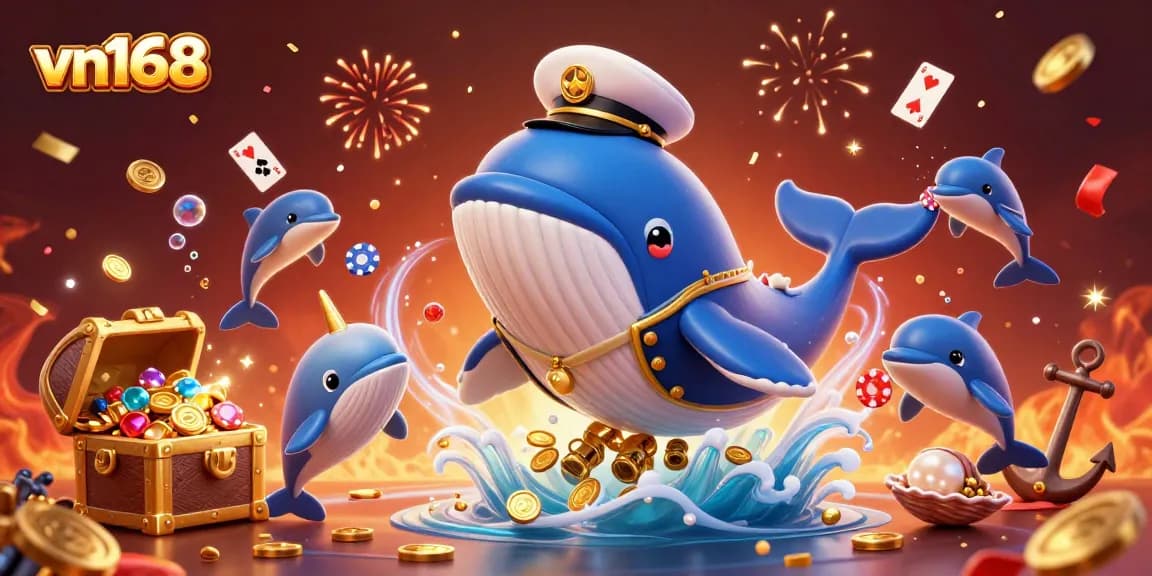 Experience exciting gameplay at vn168 with a whimsical 3D casino scene filled with vibrant characters and treasures.