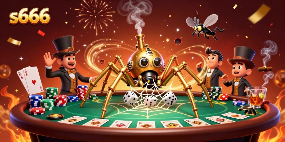 S666 entices players in a vibrant casino scene filled with poker chips, golden chains, and captivated characters.