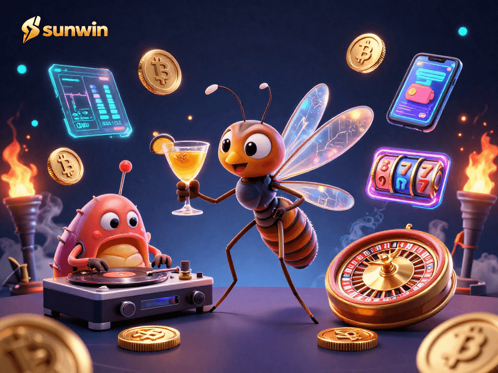 Experience thrilling gameplay at sunwin with a vibrant 3D casino scene featuring unique characters and crypto elements.