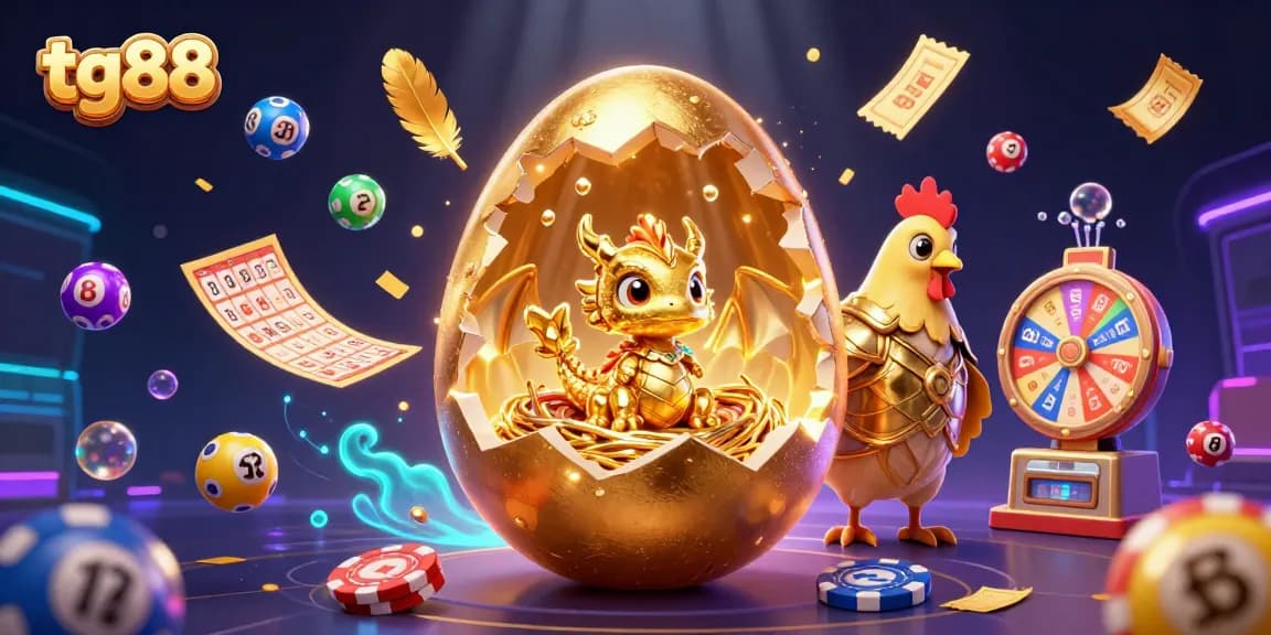 Experience the thrill of tg88 casino gaming with a splendid golden dragon emerging from a nest of poker chips amidst vibrant elements.