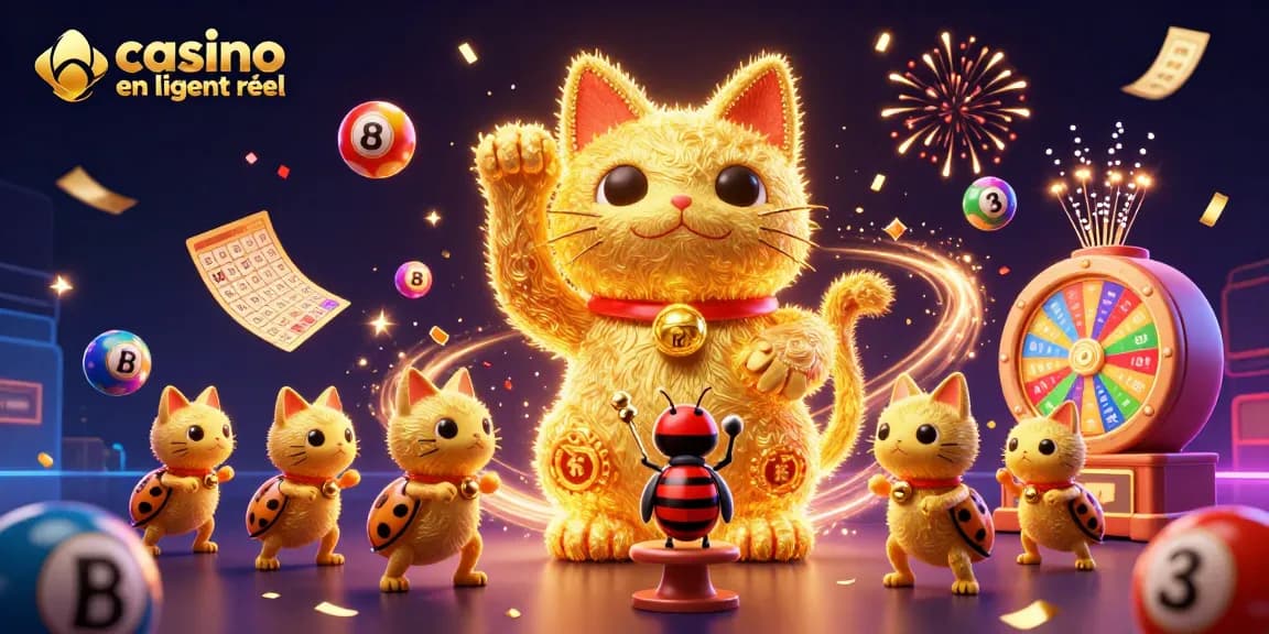 Expérimentez le casino en ligne argent réel avec des feux d'artifice colorés et un chat porte-bonheur animé.