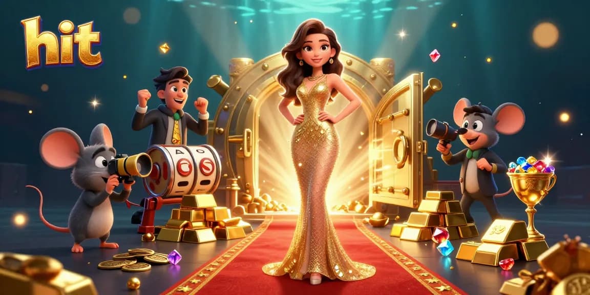 Experience thrilling hits and jackpots with a dazzling scene featuring treasure, slots, and glamorous characters.