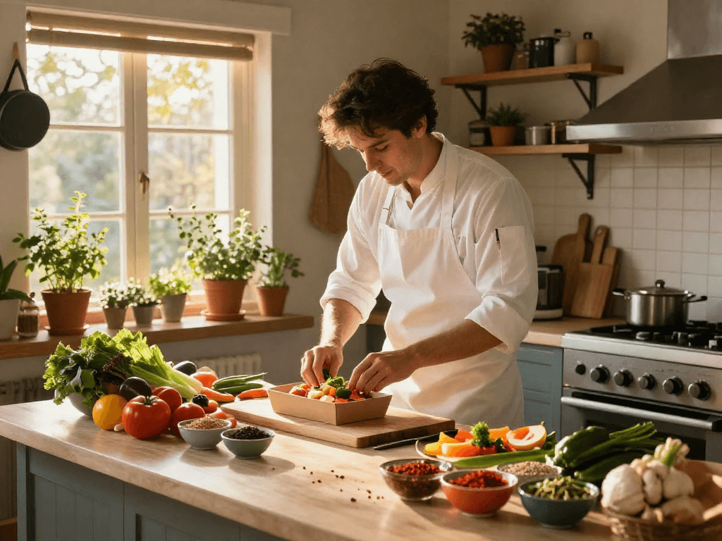 Chef preparing gourmet meal boxes with fresh ingredients and spices in a cozy kitchen slot
