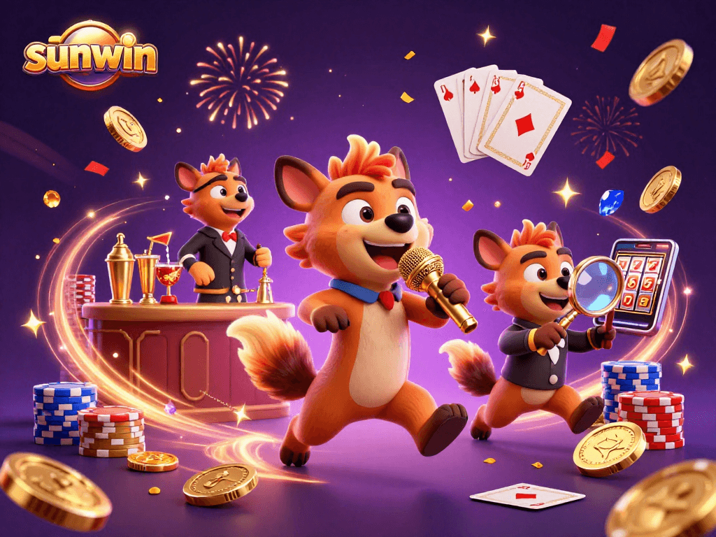 Win big at sunwin with lively hyenas in a comedy casino scene featuring gambling elements.