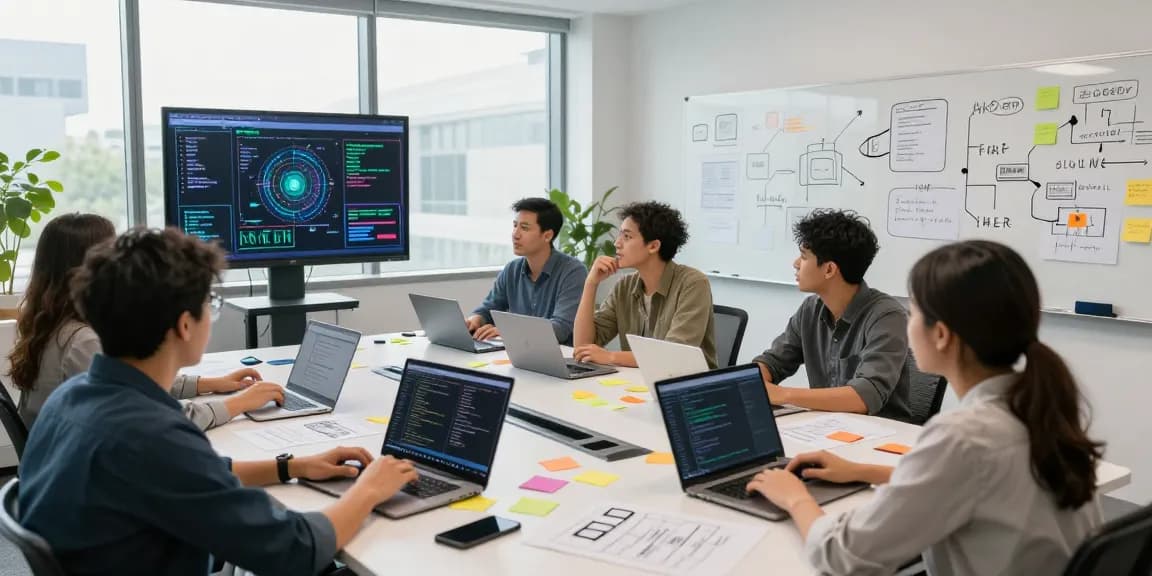 Diverse team collaborating in a tech workspace showcasing generative AI models and coding activity.