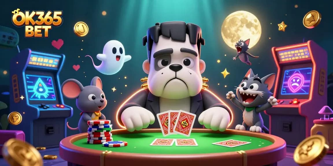 Engage with OK365 BET's thrilling casino atmosphere with a vibrant cartoon scene featuring characters and game elements.