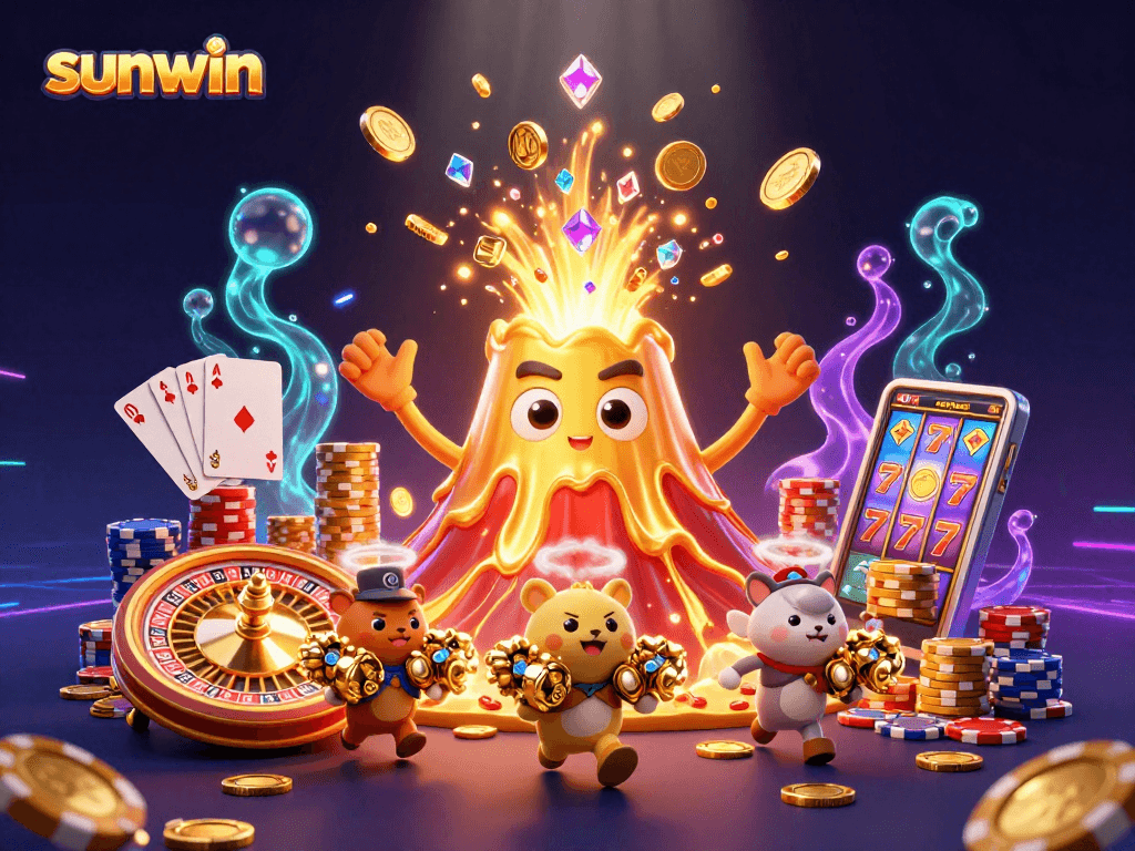 Experience the excitement of sunwin with vibrant 3D casino illustration showcasing gold and gems.