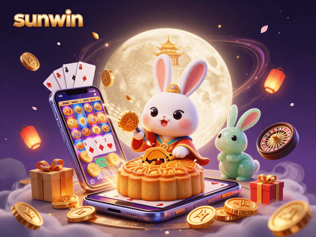 Experience the excitement of sunwin with a dynamic 3D illustration of a moon rabbit casino scene.