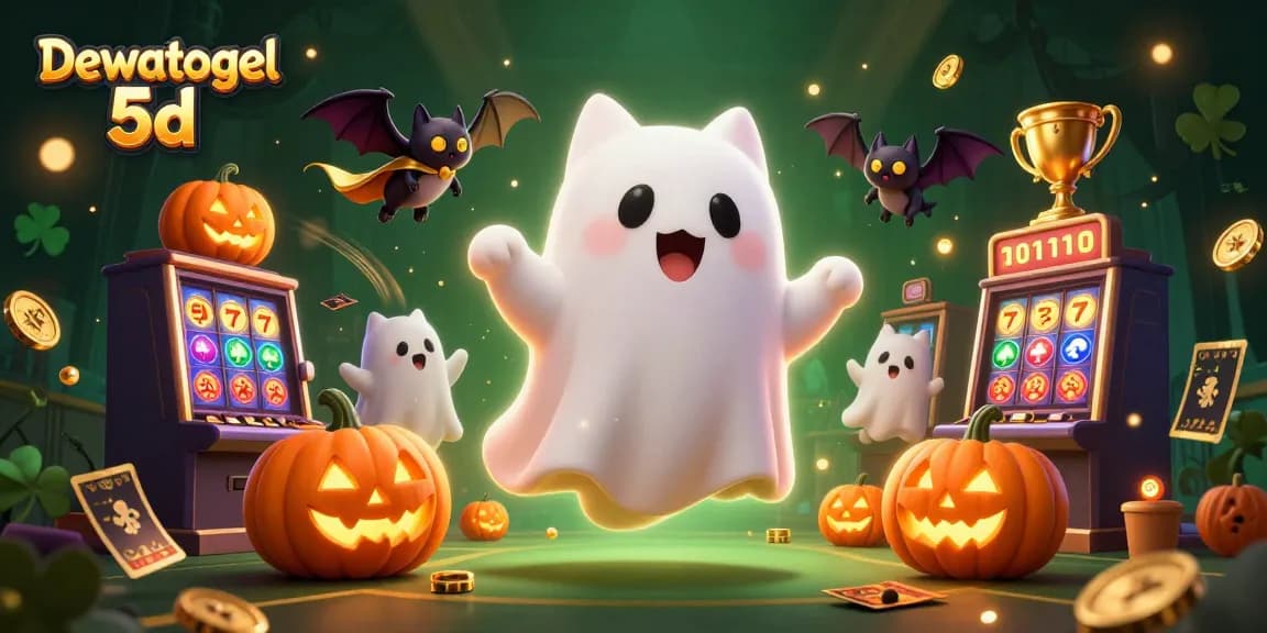 Dewatogel 5d showcases a cartoon ghost cat and bat in a haunted casino, amidst gold coins and slots.