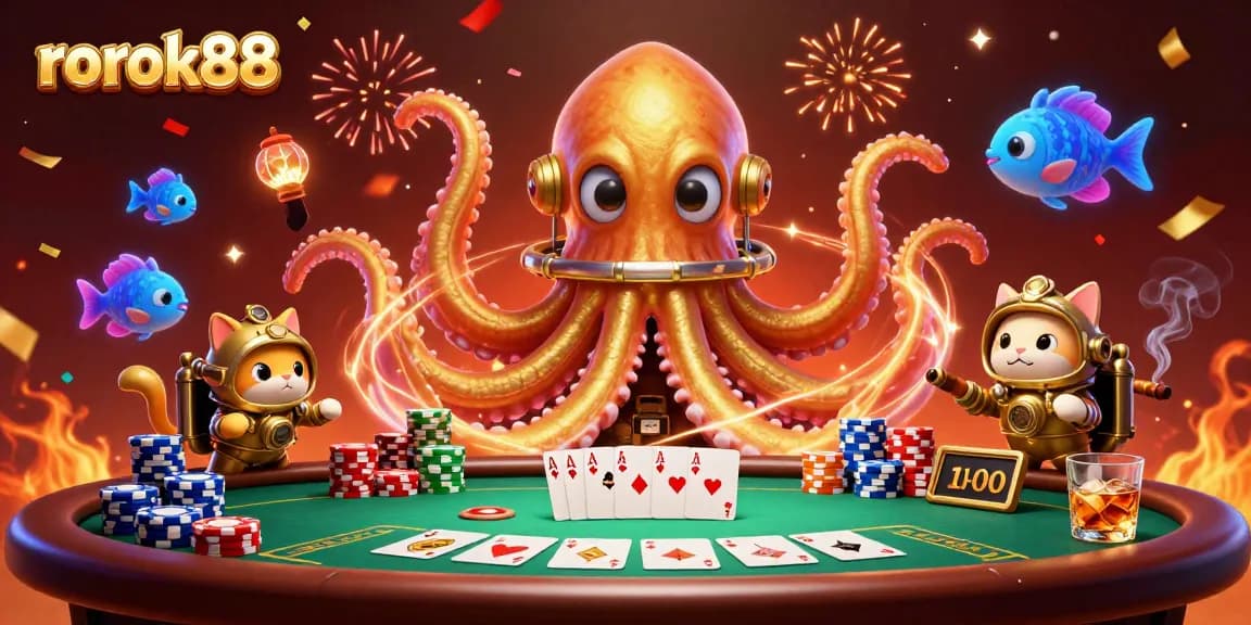 Experience the thrill of rokok88 with a colossal kraken and diving cat amidst poker action!
