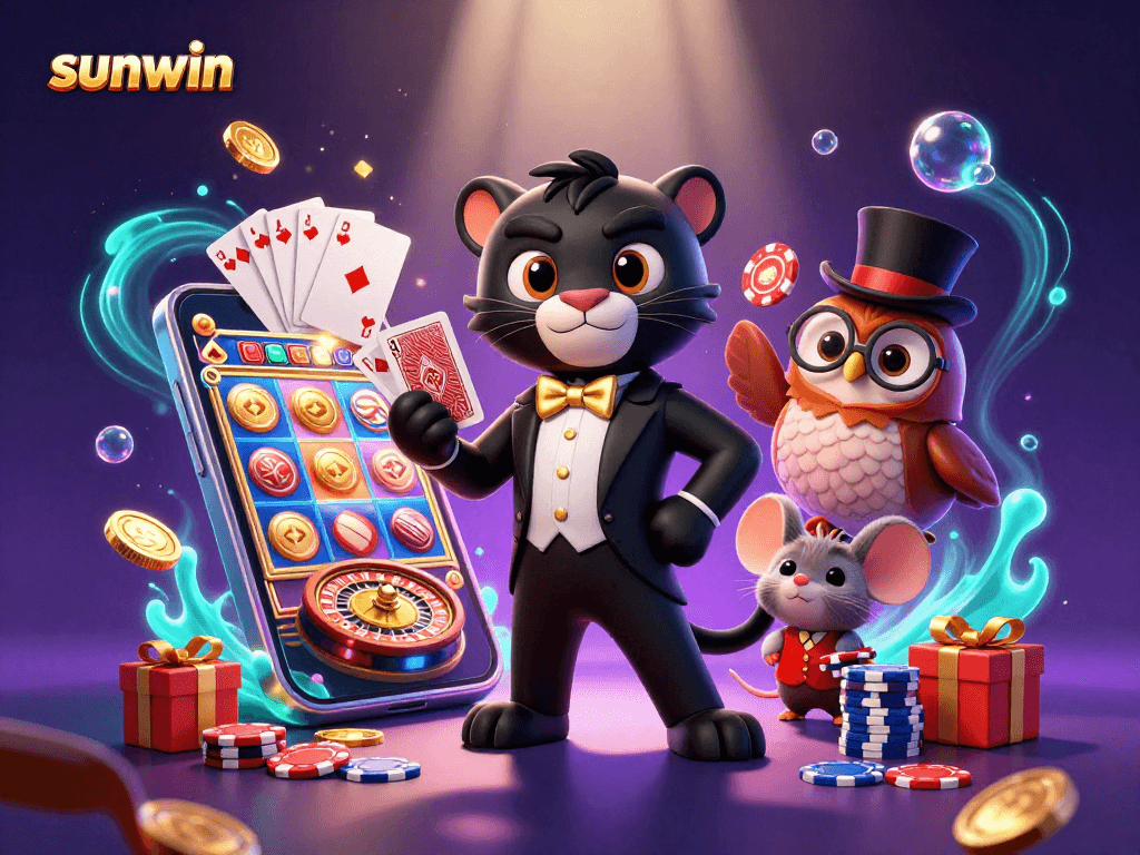 Spin to win with sunwin! Enjoy a playful scene featuring animated characters and vibrant casino elements.