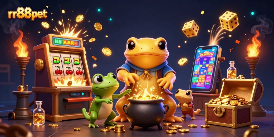 Spin to win with rr88pet's vibrant 3D casino scene featuring an alchemist and golden treasures.