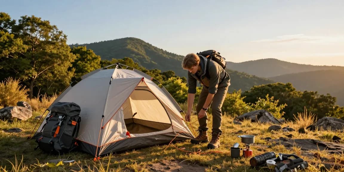 Setting up adventure gear at campsite during sunset, ideal for rokok88 login.