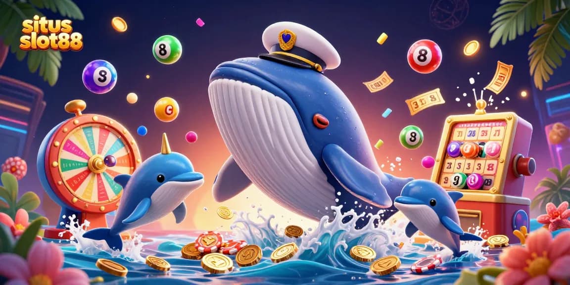 situs slot88 captures thrilling moments with whales, narwhals, and dolphins in a vibrant casino scene.