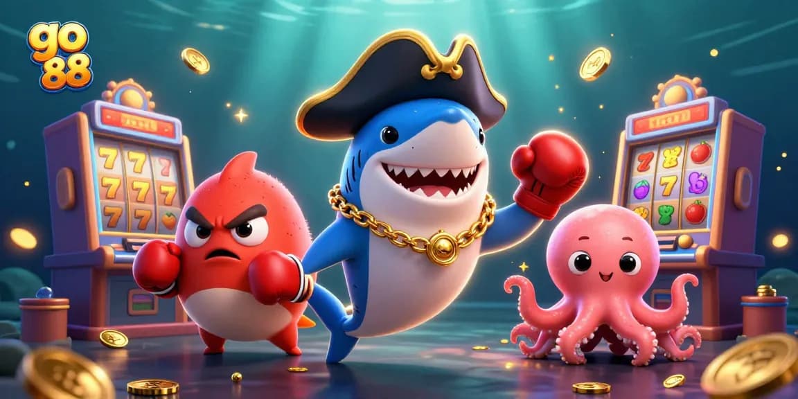 Win big at go 88 with cartoon characters enjoying slot machines, gold coins, and casino excitement.