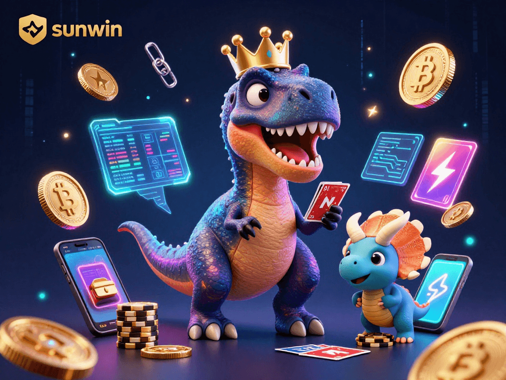 Engage in thrilling casino fun with sunwin as T-Rex shuffles cards and a triceratops stacks chips.