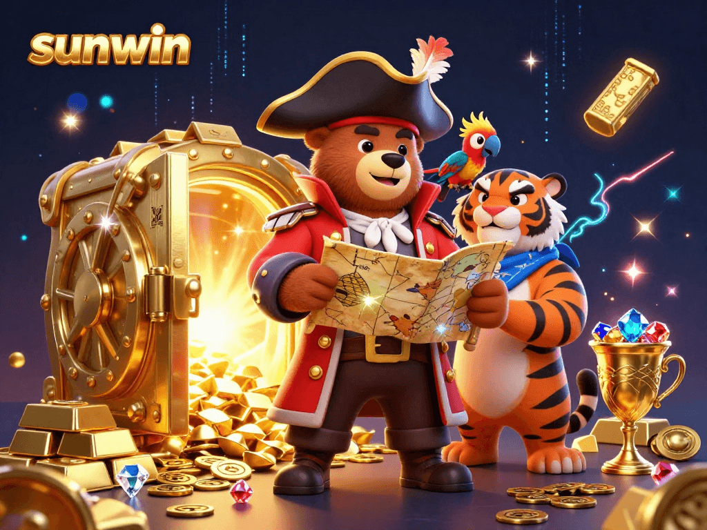 Experience thrilling wins at sunwin casino with a lively pirate adventure illustration.