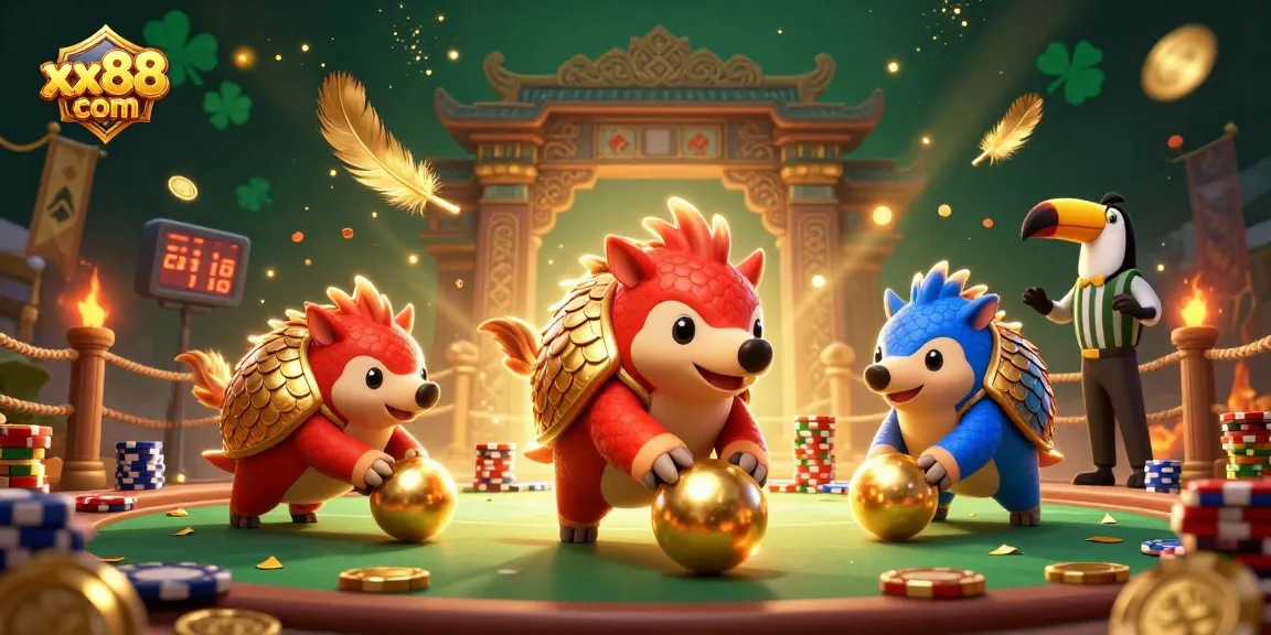 Experience the thrilling gameplay of xx88 com with vibrant pangolins in action surrounded by golden casino elements.