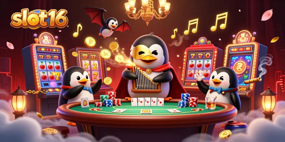 Slot16: Engage with vibrant slot reels and gleaming poker elements in this dynamic casino illustration.