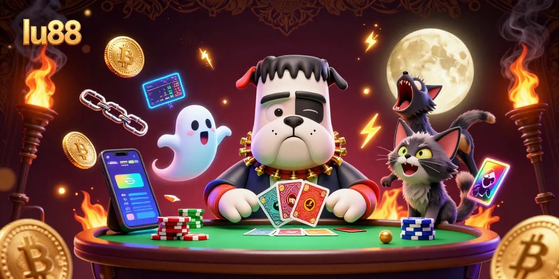 lu88 invites players to win big with a 3D cartoon scene of a Frankenstein bulldog and werewolf kitten.
