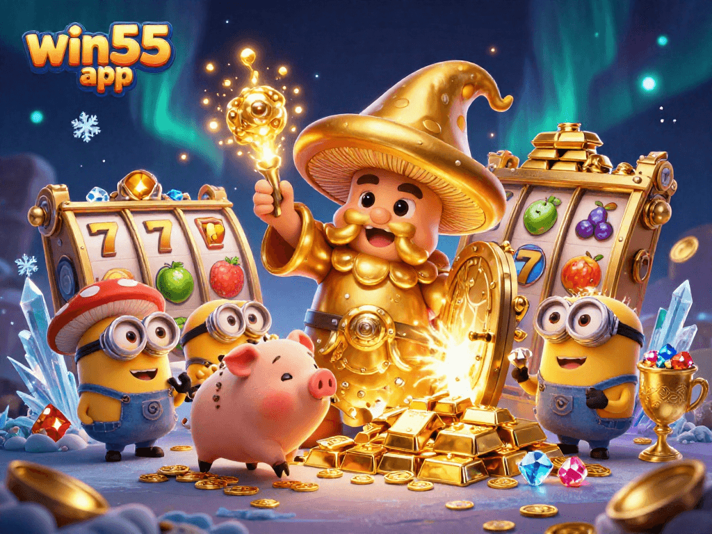 Spin the win55 app slot reels with enchanting treasures in a magical 3D scene