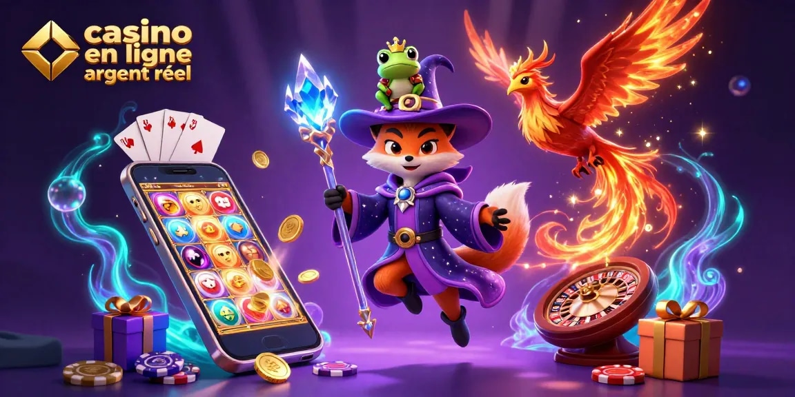 Jouer à des jeux de casino en ligne argent réel avec un renard sorcier et un phoenix sur un fond magique.