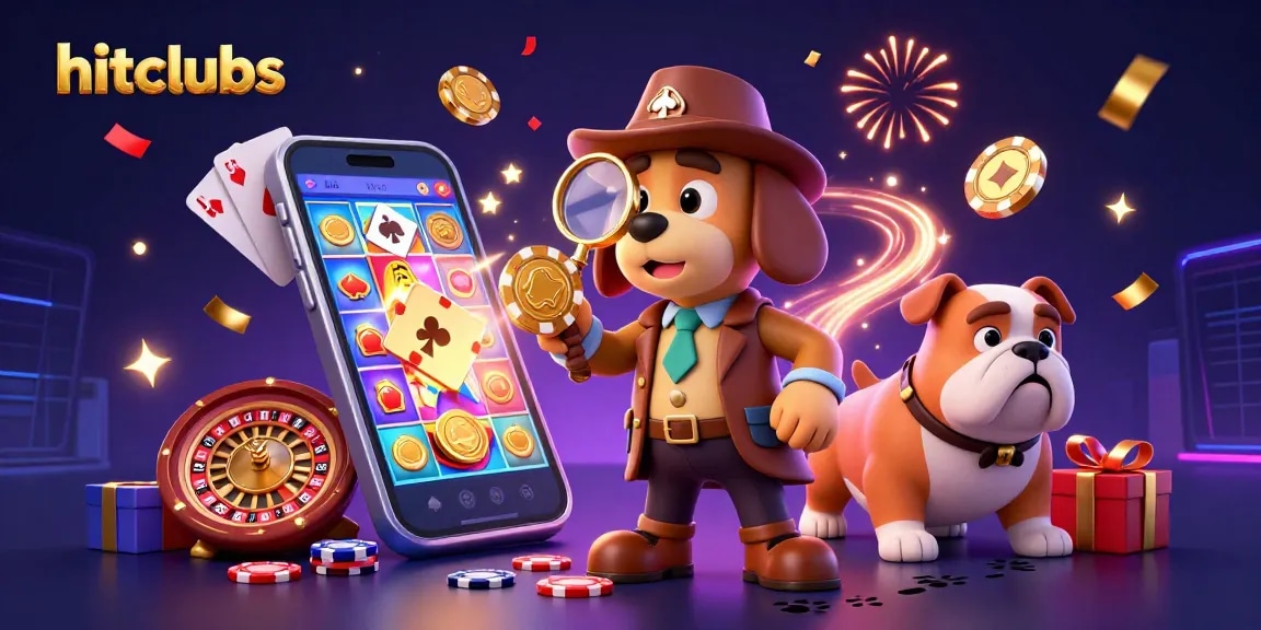 Engage in thrilling gameplay with hitclubs, featuring a detective and bulldog searching for poker chip clues amidst vibrant casino icons.