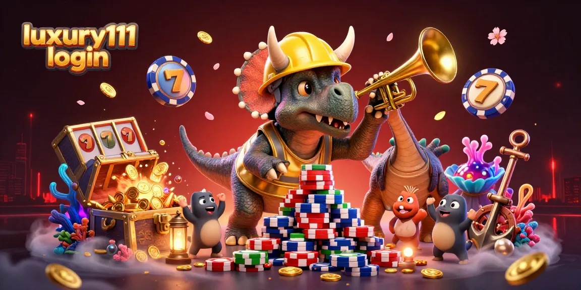 Engage with the luxury111 login experience through this vibrant casino-themed illustration.