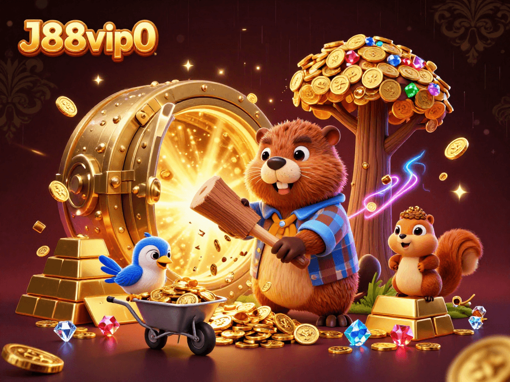 Engage in winning strategies at J88vip0 with a vibrant 3D illustration of cartoon characters collecting treasure.