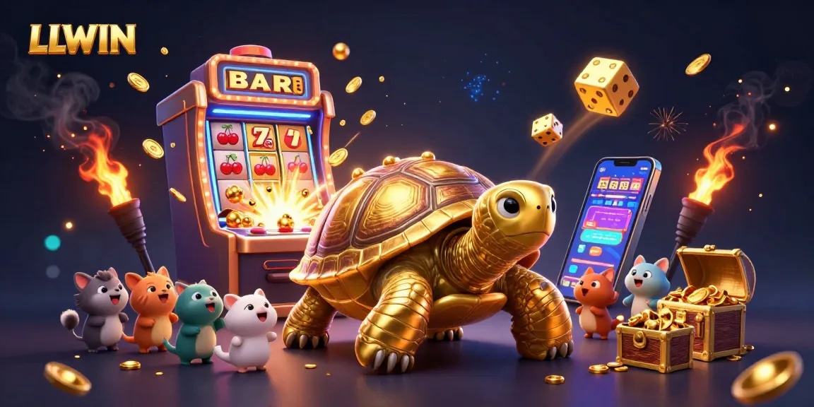 LLWIN engages players with a vibrant casino scene featuring a colossal tortoise pinball machine and slot machine jackpot.