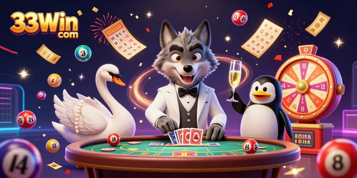 Engage in thrilling gameplay at 33Win com with a vibrant casino atmosphere featuring lively characters and festive elements.