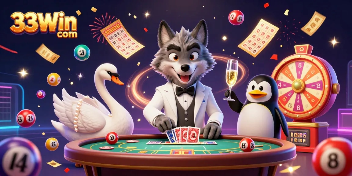 Engage in thrilling gameplay at 33Win com with a vibrant casino atmosphere featuring lively characters and festive elements.