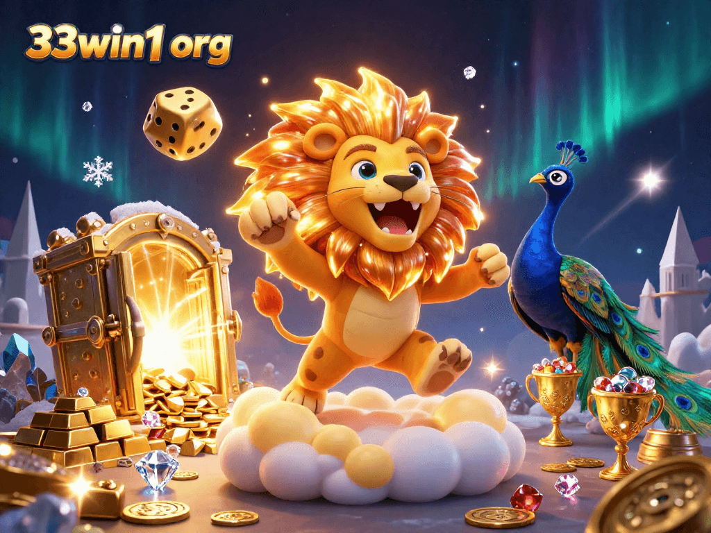 Win big with 33win1 org's thrilling casino scene featuring vibrant 3D characters and sparkling treasures.